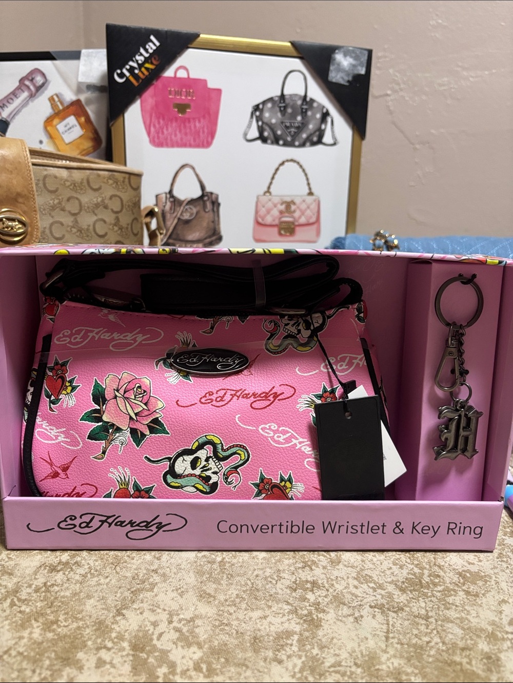 Ed Hardy Pink Tattoo-Print Convertible Wristlet with Key Ring